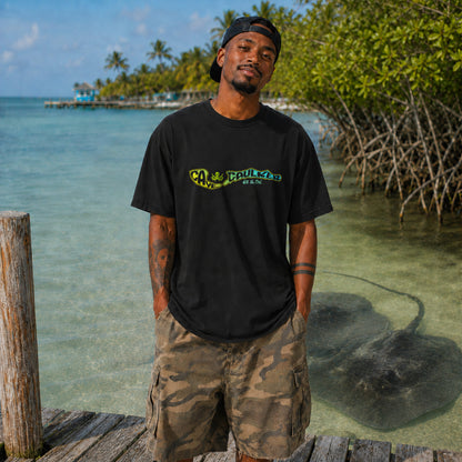 Model wearing the black Caye Caulker Vibin Tee with lime-to-teal island map artwork and Go Slow lettering